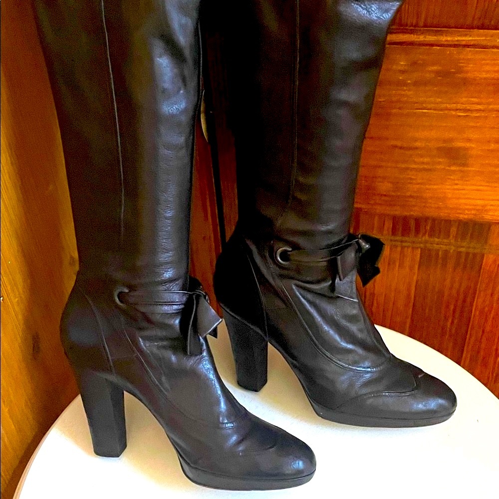 DKNY OTK Over the Knee Black Leather Boots Platform Y2K Victorian Bows 9 RARE! - Picture 8 of 11